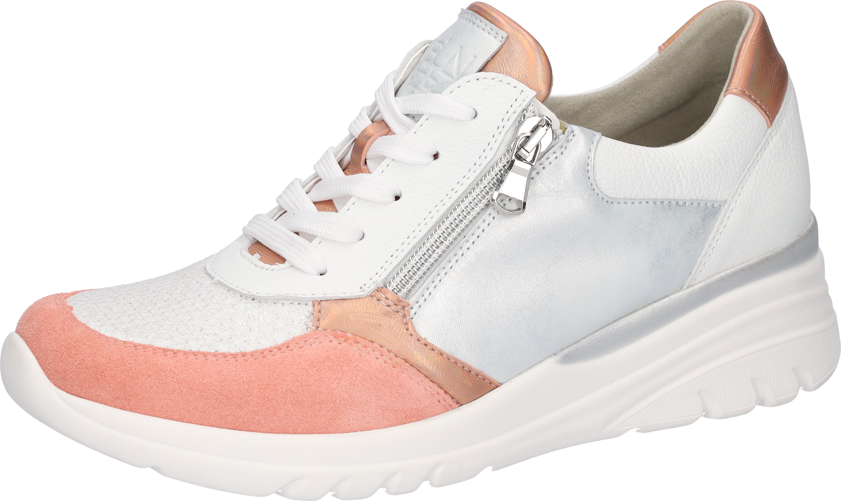 Keilsneaker WALDLÄUFER "H-CARLA Soft", Damen, Gr. 8,5 (42,5), weiß, melone, silberfarben, Nappaleder, Textil, Veloursleder, mehrfarbig, Schuhe, Schnürschuh, Halbschuh, Bequemschuh in Komfortweite H (= sehr weit)