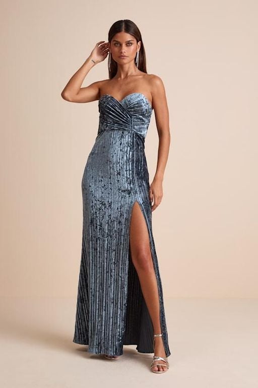 Classy Sensation Slate Velvet Pleated Strapless Maxi Dress - Blue - Lulus Dresses