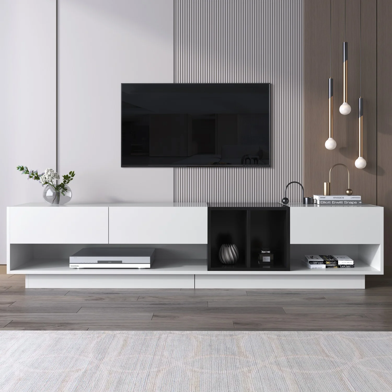 Meuble TV 190 cm grande capacité blanc, commode TV, meuble bas pour salon, meuble TV moderne haute brillance avec 3 tiroirs