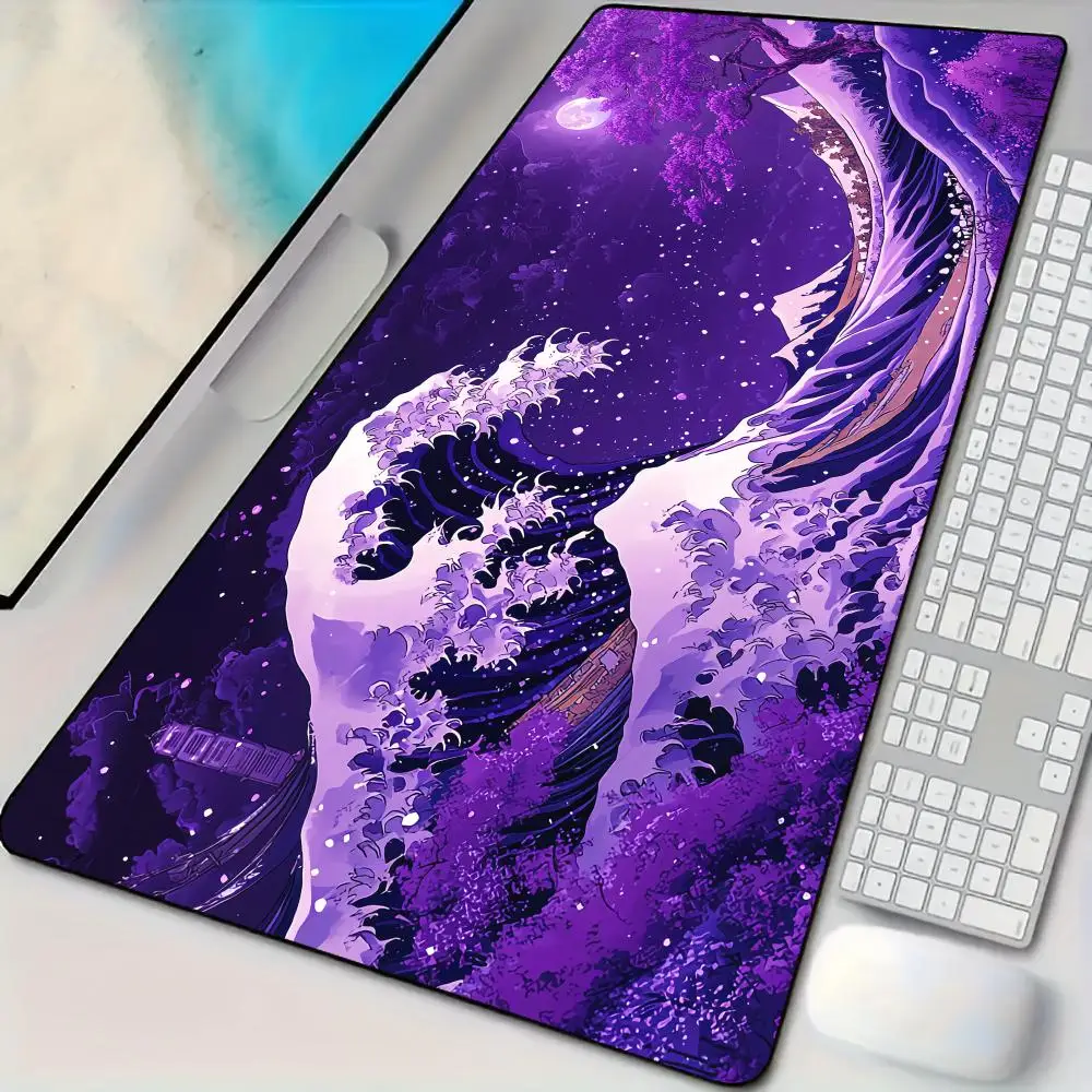 Neon Ukiyo-e Art Style Waves Theme Mauspad Schreibtischunterlage mit genähten Kanten rutschfeste Gummiunterseite PC-Zubehör Gaming-Matte Teppich Image