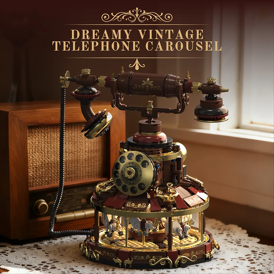 MOC Technical Retro Rotary Dial Telephone Carousel Building Blocks Old-fashioned Phone Ornaments Decor Bricks Toys for Kids Gift