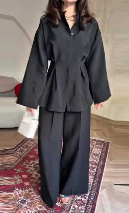 Casual frauen Taille-Geschlossen Hosen Anzug Langarm Taste Gefaltete Breite Bein Hosen Dame Set 2025 Mode 2-teiliges Set Weibliche Image