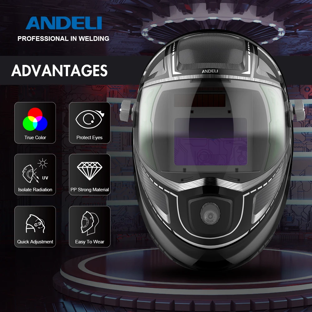 ANDELI Schweißmaske mit großer Sicht, True Color 4-Lichtbogensensor, automatischer Verdunkelung, Schweißhelm 1/1/1/2 für WIG MIG ARC Schleifen, Plasma Image
