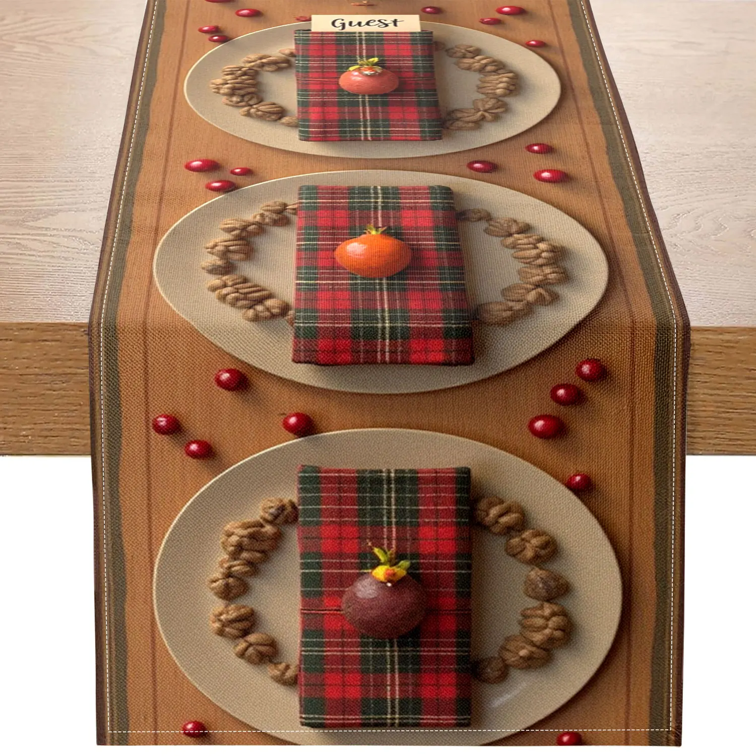 1-teiliger Tischläufer mit Thanksgiving-Motiv, verziert mit Beeren, Nüssen und karierten Tischdeckenmustern, geeignet für Thanksgiving-Familientreffen Image