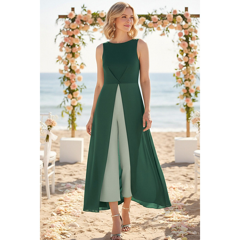 Jumpsuits A-Line Floor Length Jumpsuit Overskirt Dress Mother of the Bride Dress Sleeveless Bateau Neck Elegant Simple Minimalist Formal Wedding Guest Chiffon Stretch Crepe with Color Block