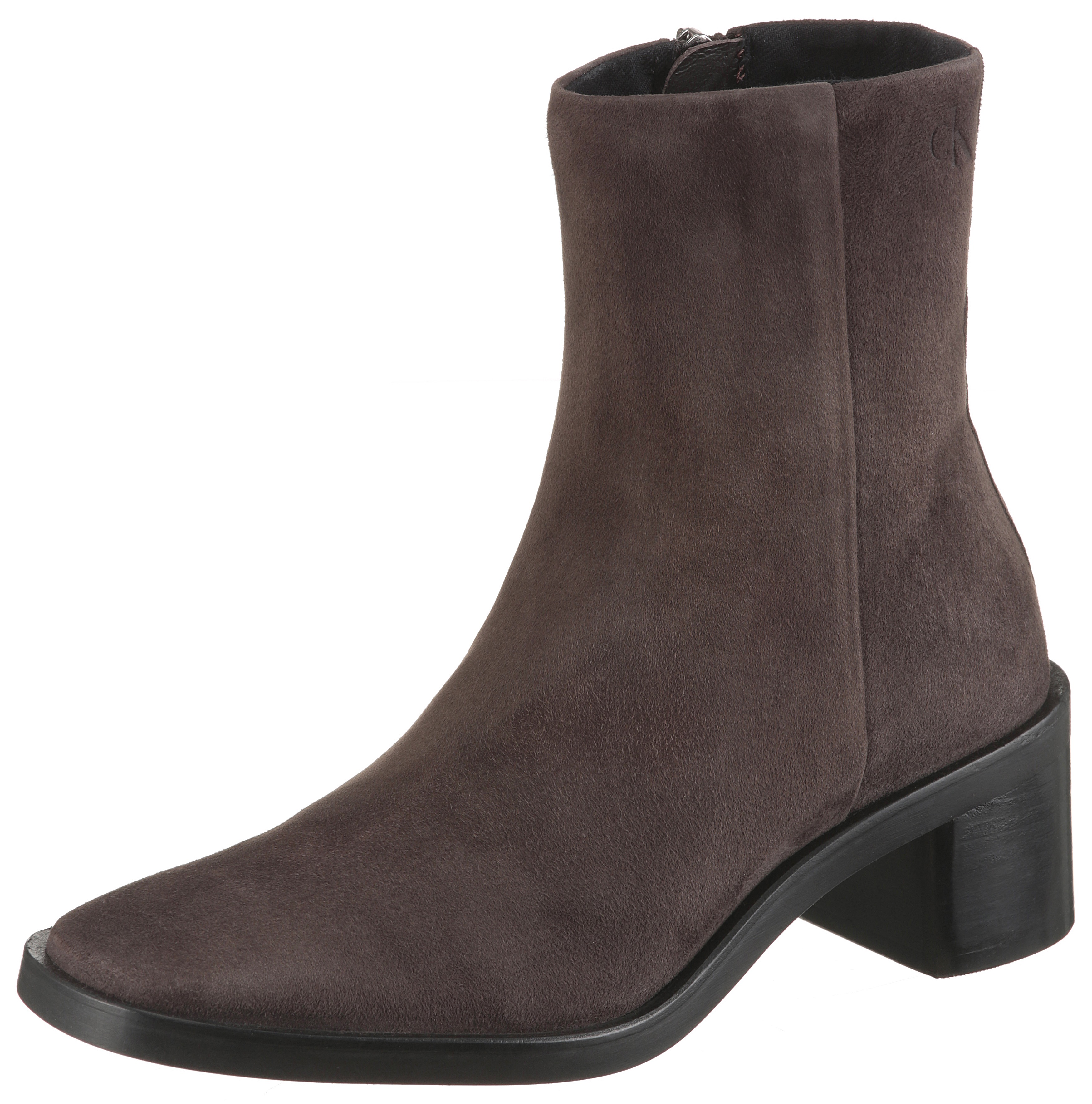 Stiefelette CALVIN KLEIN "BLOCK HEEL ZIP BOOT SUE", Damen, Gr. 38, dunkelbraun, Veloursleder, unifarben, Schuhe Stiefelette, Klassik-Boots, Blockabsatz, mit seitlichem CK-Logo am Schaft