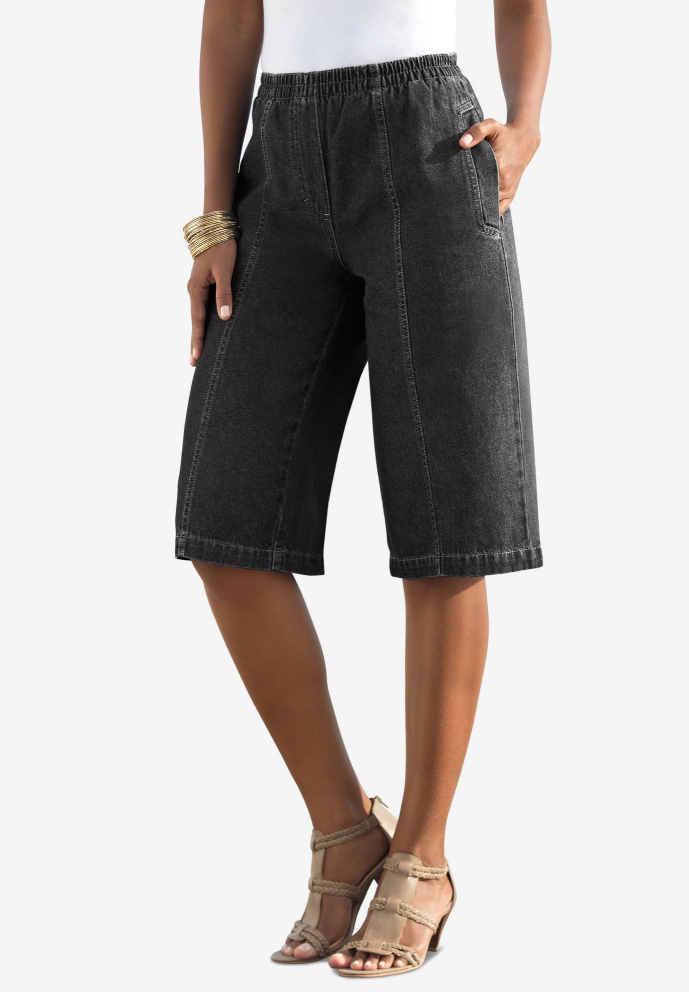 Plus Size Women's Plus Size Easy-Wear Bermuda Short by Roaman's in Black Denim (Size 36 W) Shorts