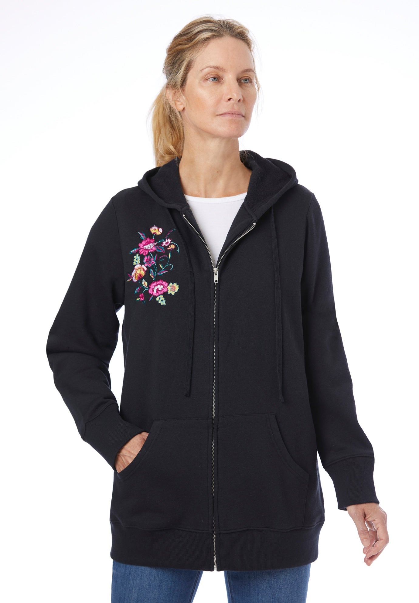 Plus Size Women's Better Fleece Zip-Front Hoodie by Woman Within in Black Floral Embroidery (Size 2X)