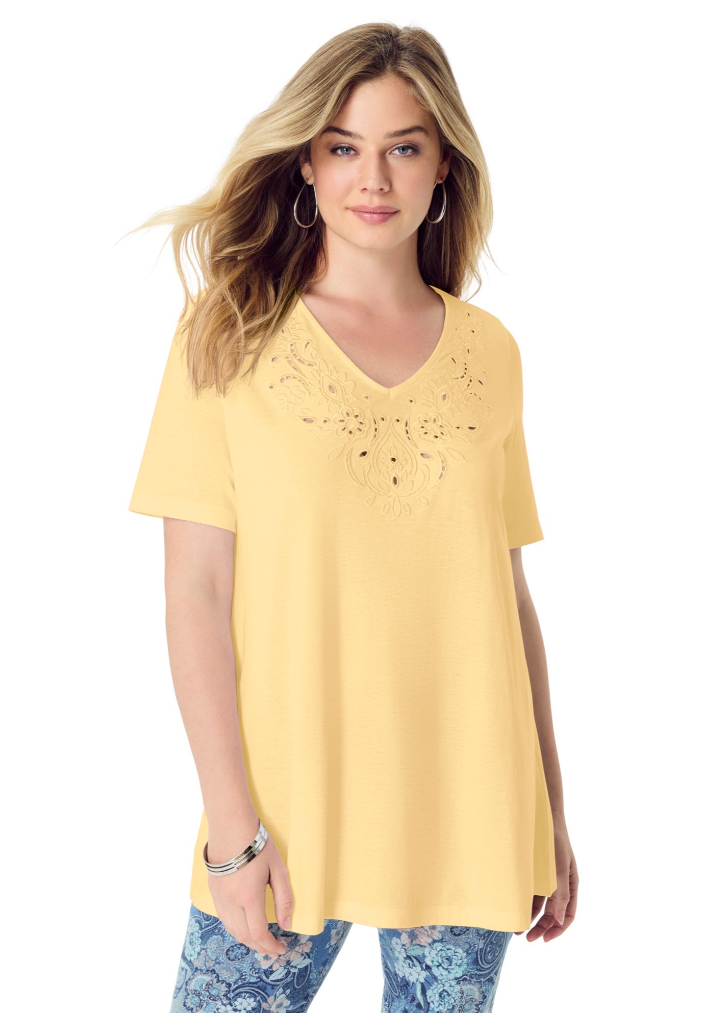 Plus Size Women's Eyelet Swing Tee by Roaman's in Banana (Size 34/36)