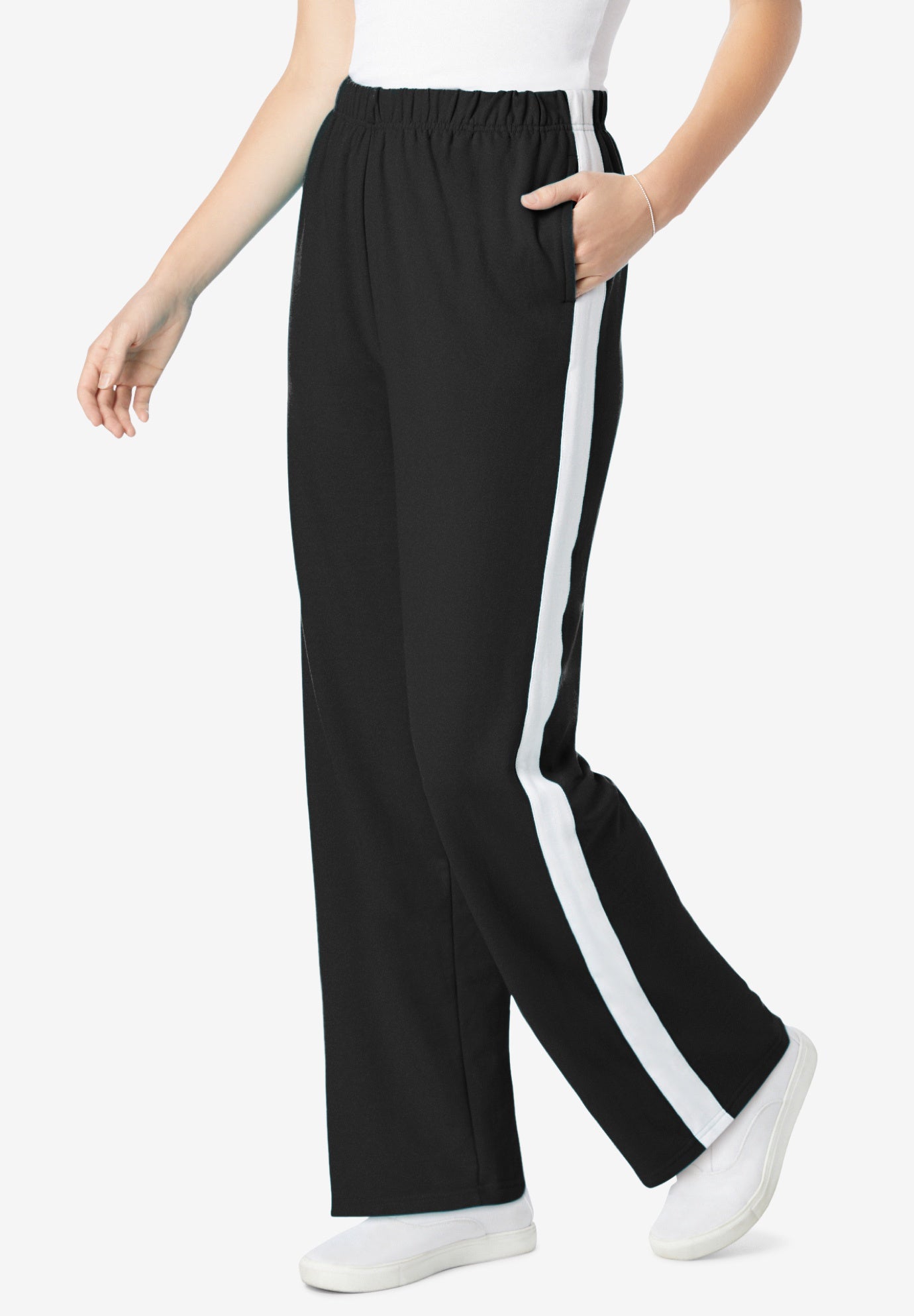 Plus Size Women's Cotton French Terry Straight-Leg Pull-On Side-Stripe Pants by Woman Within in Black White (Size 18/20)