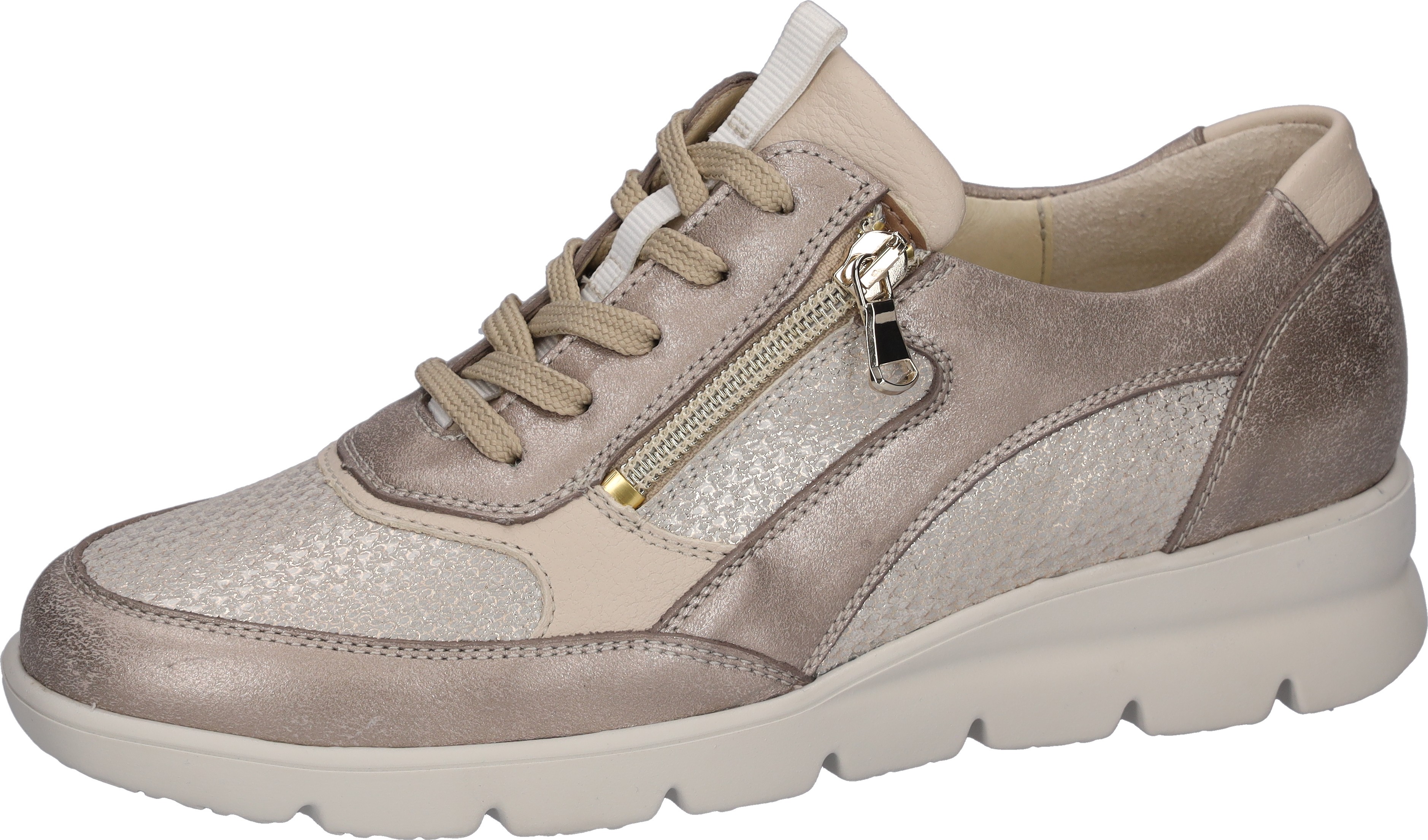 Keilsneaker WALDLÄUFER "H-BRUNI", Damen, Gr. 5 (38), platinfarben, beige, Nappaleder, Veloursleder, metallic, Schuhe, Schnürschuh, Halbschuh in Bequemweite H (= sehr weit)