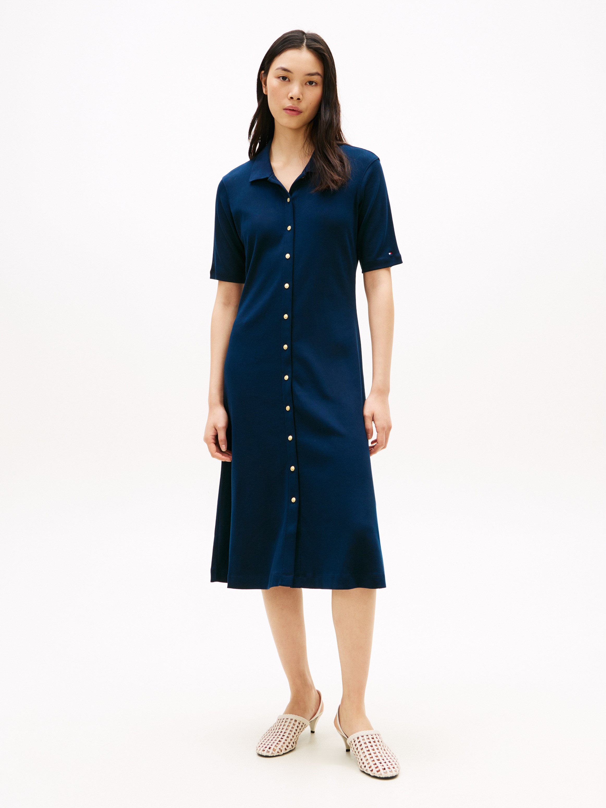 Polokleid TOMMY HILFIGER "GOLD BUTTON F&F MIDI DRESS", Damen, Gr. L (42/44), N-Gr, schwarz night navy, Jersey, Obermaterial: 100% Baumwolle, unifarben, gerade wadenlang, Kleider, mit Logo-Stickerei