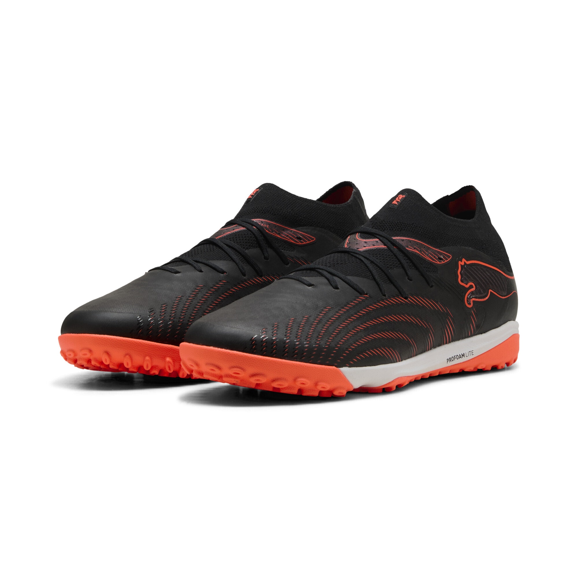 Fußballschuh PUMA "FUTURE 9 PRO Cage Fußballschuhe Erwachsene", Damen, Gr. 45, schwarz glowing rot strong gray, Obermaterial: Synthetik, Textil; Futter: Synthetik, Textil; Innensohle: Textil; Laufsohle: Gummi, Schuhe Fußballschuh