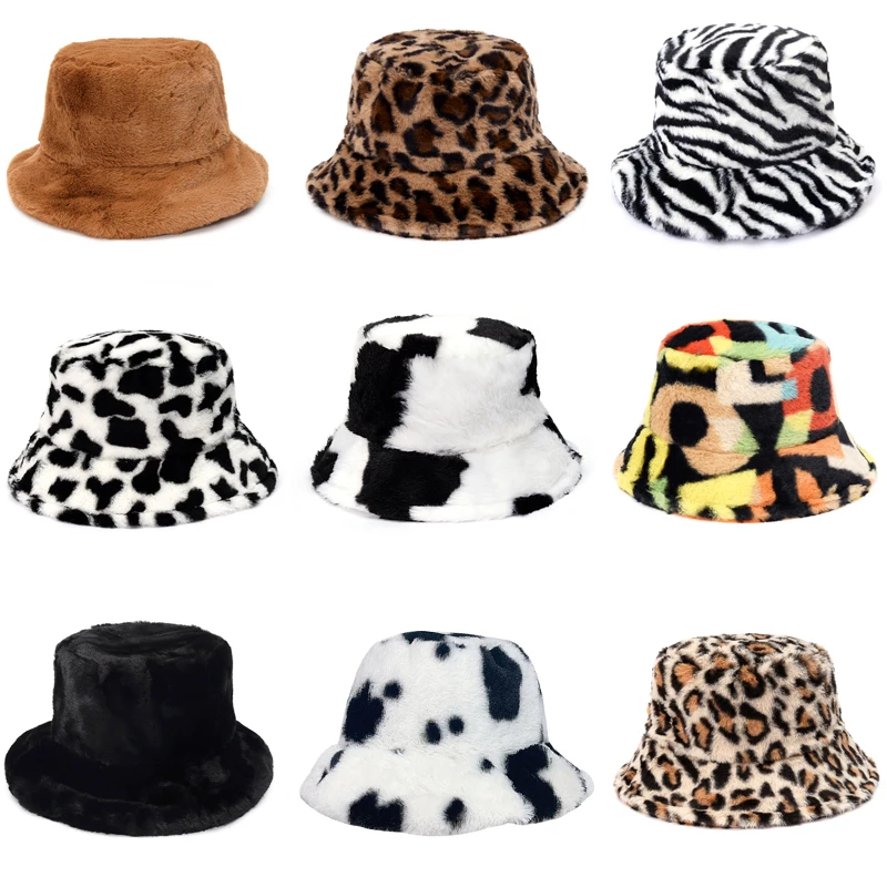 Cappelli a secchiello soffici in pelliccia sintetica leopardata di mucca invernale Cappello da sole caldo per esterno da donna Cappello da pescatore peloso in velluto morbido Moda Panama per ragazza