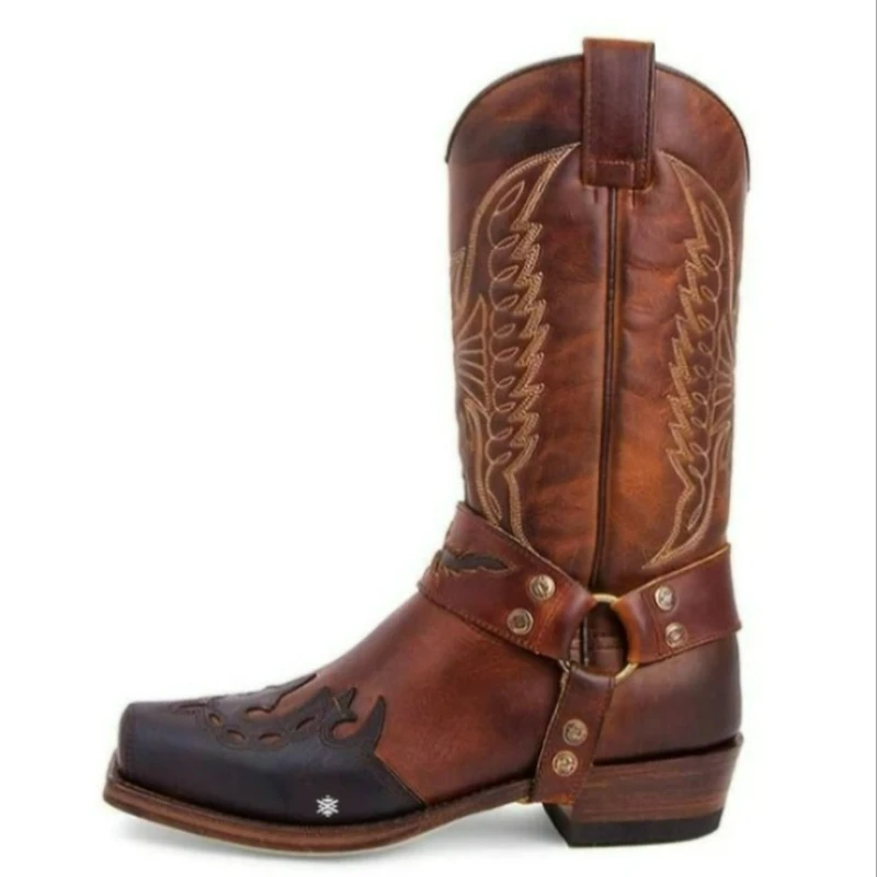 Herrenstiefel, Leder, Cowboystiefel, Retro-Stickerei, Schnallenriemen, mittelhohe Stiefel, Outdoor-Herrenschuhe, handgefertigt, quadratische Zehenpartie, Ritterstiefel