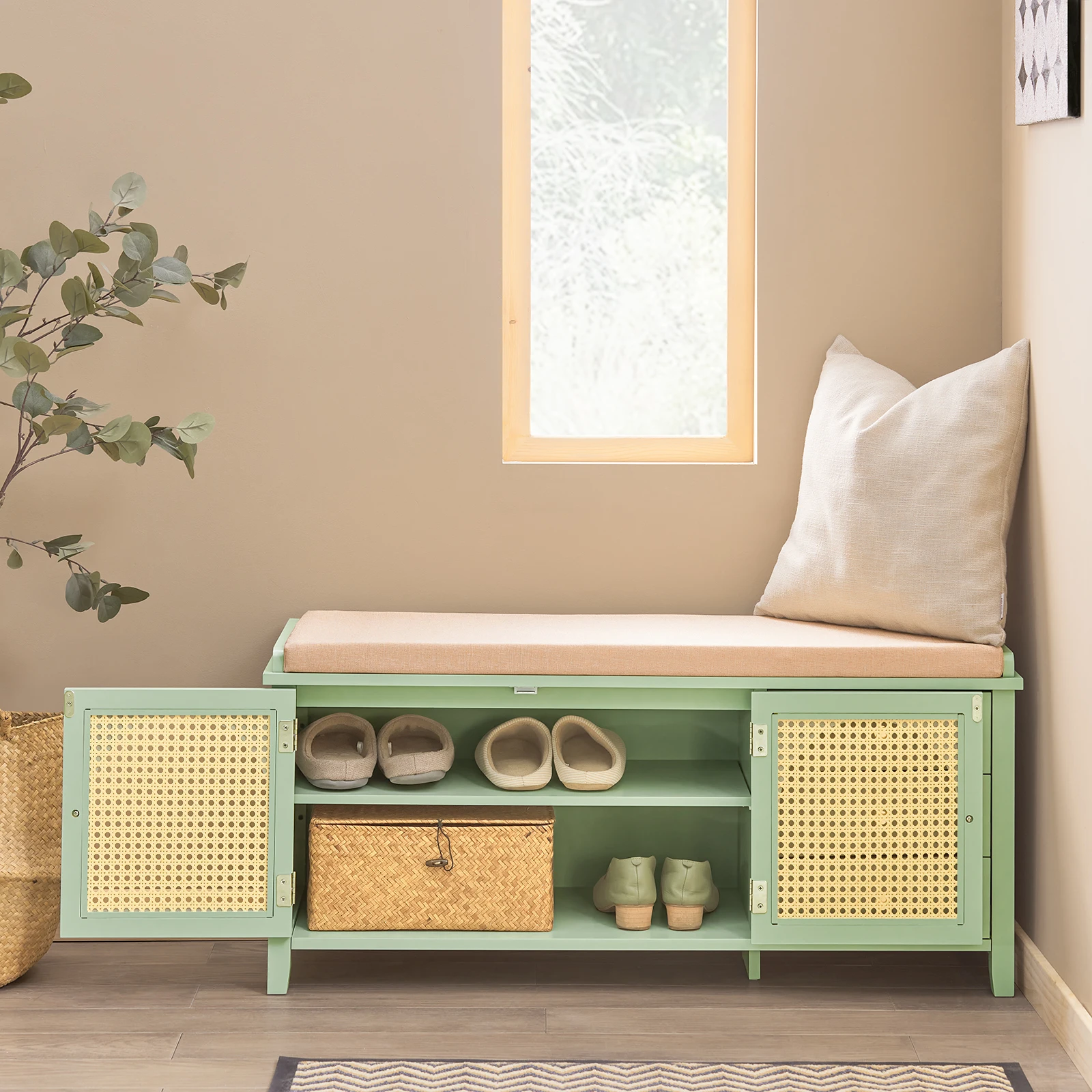 SoBuy FSR129-GR Schuhbank mit Sitzfläche und Gitteroptik-Türen Sitzbank mit Stauraum Dielenbank Schuhtruhe Schuhregal schmal grü