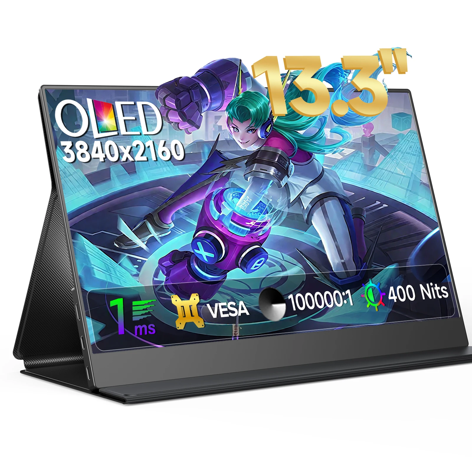 UPERFECT OLED 13.3 "4K tragbarer Monitor 400Nits 149%ssRGB Laptop-Anzeige 1MS 100000:1 USB-C HDMI externer Reise zweiter Bildschirm mit VESA für Desktop Mac-Telefone Tablet PS5/4 Schalter Image