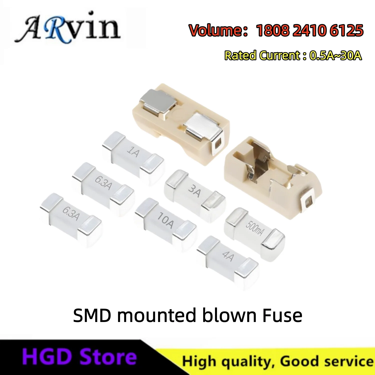 10 Stück SMD-montierte geblasene Sicherung 1808 2410 6125 Paket 0,5 A 1 A 2 A 3 A 4 A 5 A 8 A 10 A 15 A 30 A 125 V 220 V 250 V Image