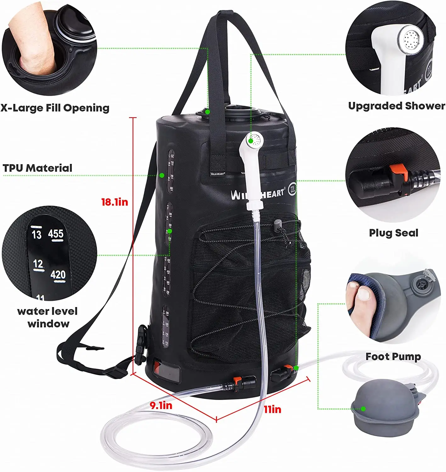 WILD HEART Camping-Duschtasche, tragbare Dusche für Camping mit Druckfußpumpe und Schlauch – Solar-Duschrucksack