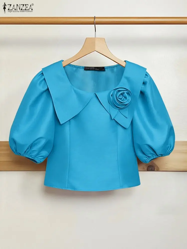 ZANZEA Elegant Satin Women Blouses Glossy Peter-Pan Collar Half Puff Sleeve Fabric Flower Slim-Fit Short Tops Woman Clothes 3XL