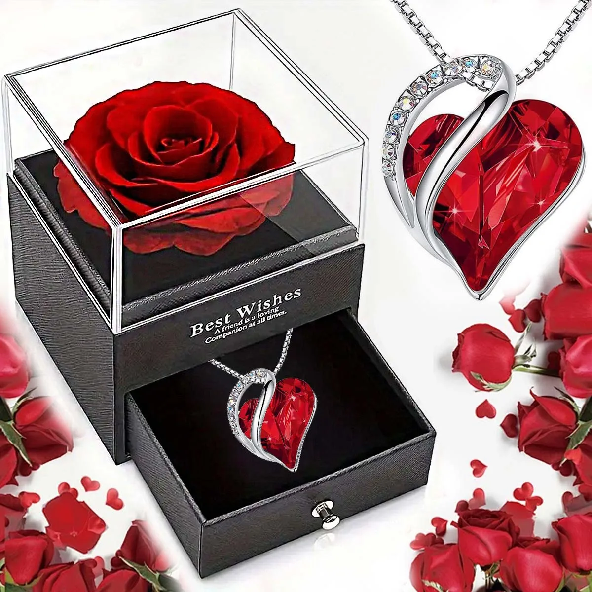 Nuova collana di amore del cuore dell'oceano del regalo di San Valentino di vendita caldo con il contenitore di gioielli della rosa eterna per i regali della festa della mamma della ragazza