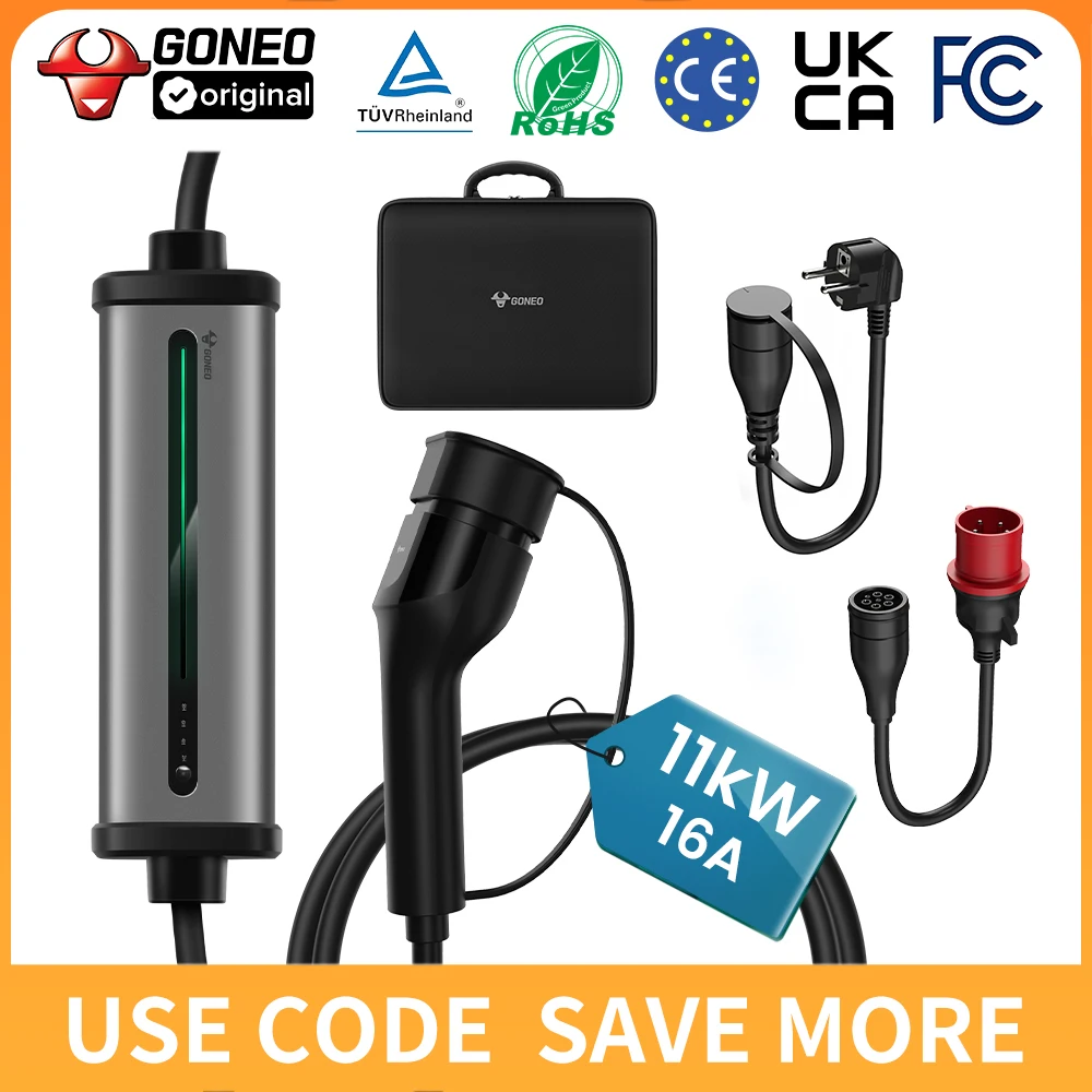 GONEO Mobile Wallbox/Ladestation, Typ 2 CEE-Stecker & Schuko-Stecker | 11 kW/7 kW | 16A/32A | IP66 | 7M Kabel | Modell Y/3, ID3/4/5 Image