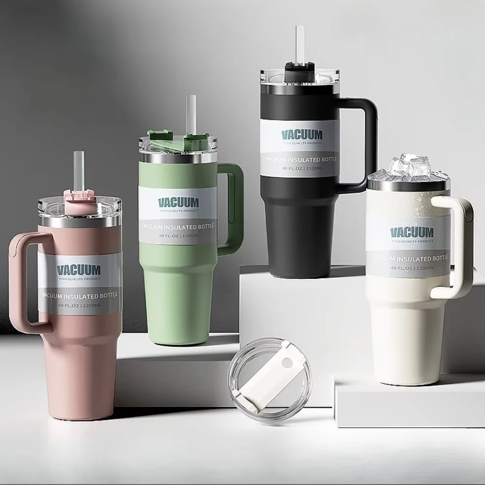 40OzGlassBecher mit Griff, isolierter Reisebecher aus Edelstahl, Eiskaffeebecher, BPA-freier Deckel und Strohhalm, hält Getränke länger kalt Image