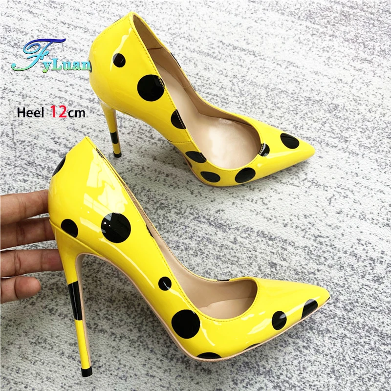 Plus Größe 46 Gelb High Heels Mode Spitzen Polka Dot Frauen Schuhe 8 CM 10 CM 12 CM Frühling Herbst neue Flache Mund Weibliche Pumpen