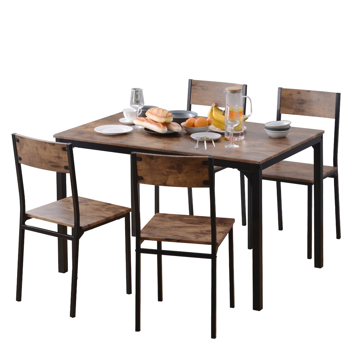 MODFU Esszimmergruppe Esstisch mit 4 Stühlen Braun 108x65x75 cm platzsparend Stühle unter Tisch MDF Oberfläche Metallgestell pflegeleicht Image