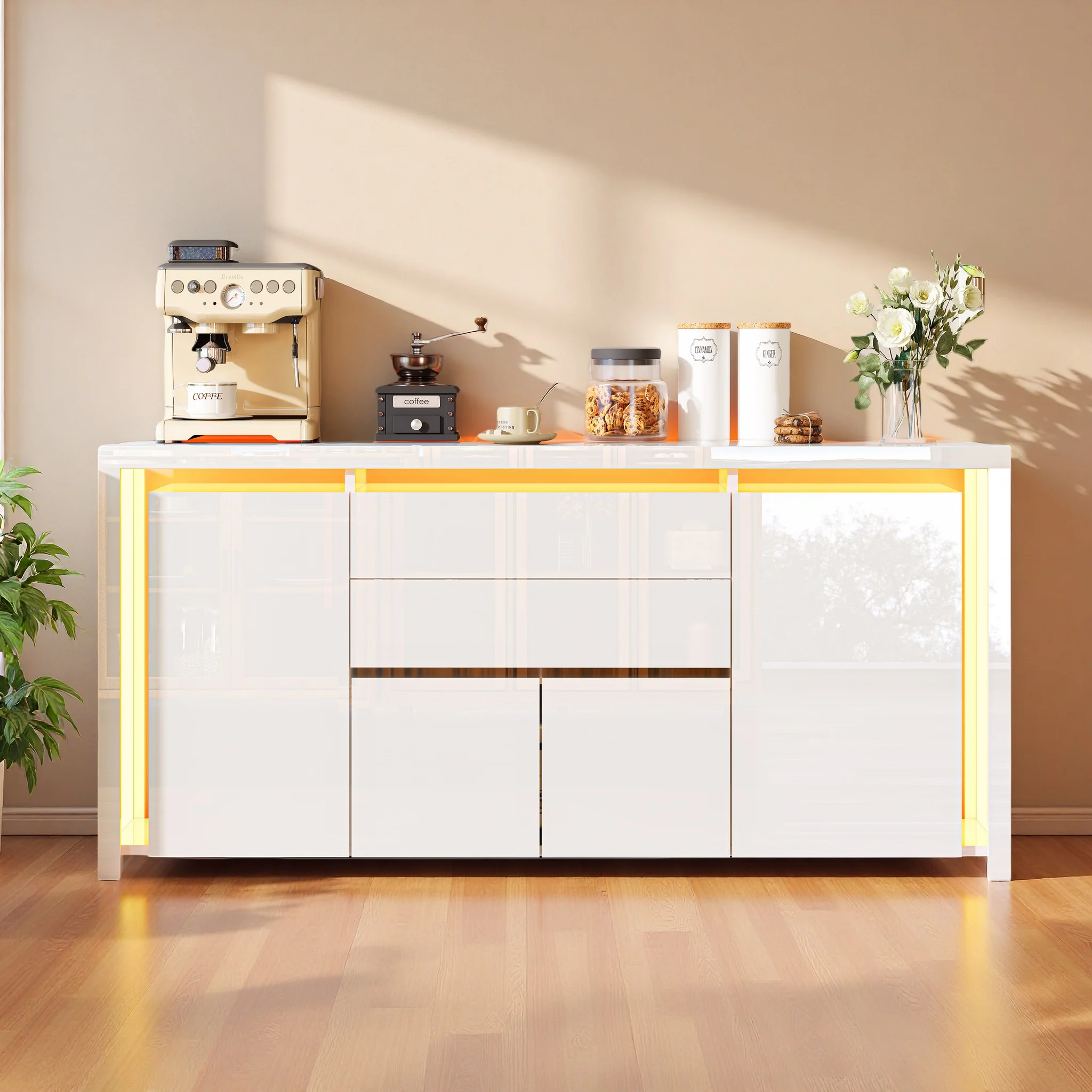 Rosahqnda Sideboard-Kommode mit 4 Türen und 2 Schubladen, Hochglanz-Buffetschrank mit LED, für die Küche, Weiß/Schwarz