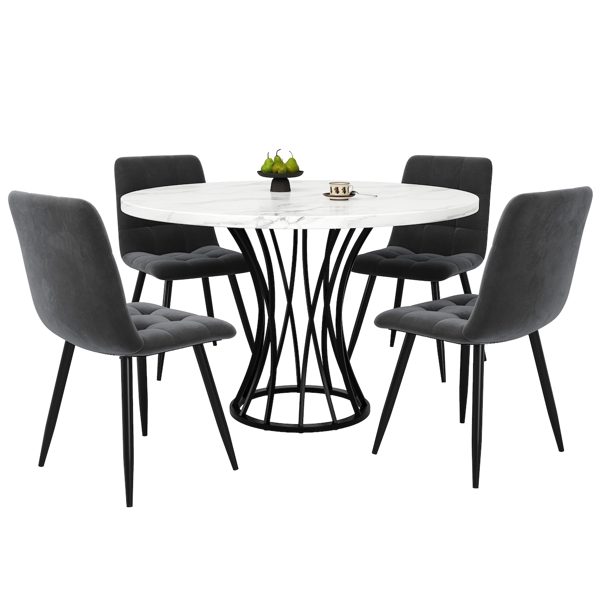 MODFU Essgruppe 5-teilig mit Rundtisch und 4 Samtstühlen 80x80x76 cm Weiß marmoriert+Grau mit verstellbaren Füßen Metallgestell pflegeleicht Image