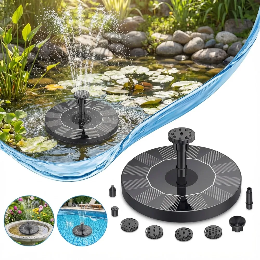 Solar-Springbrunnen für den Außenbereich, Solar-Wasserbrunnen mit 6 Düsen, verschiedenen Wasserfunktionen und 4 Stabilisierungsstangen, DIY-Garten-Vogelbad