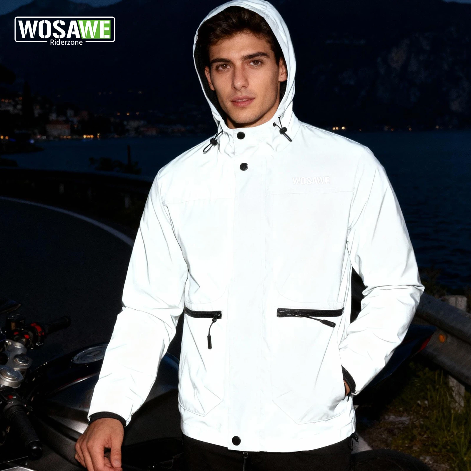 WOSAWE Nacht Reflektierende Motorrad Jacken Doppel Stoff Windjacke Mit Kapuze Jacke Männer Hip Hop Tänzer Zipper Moto Mäntel Outwear