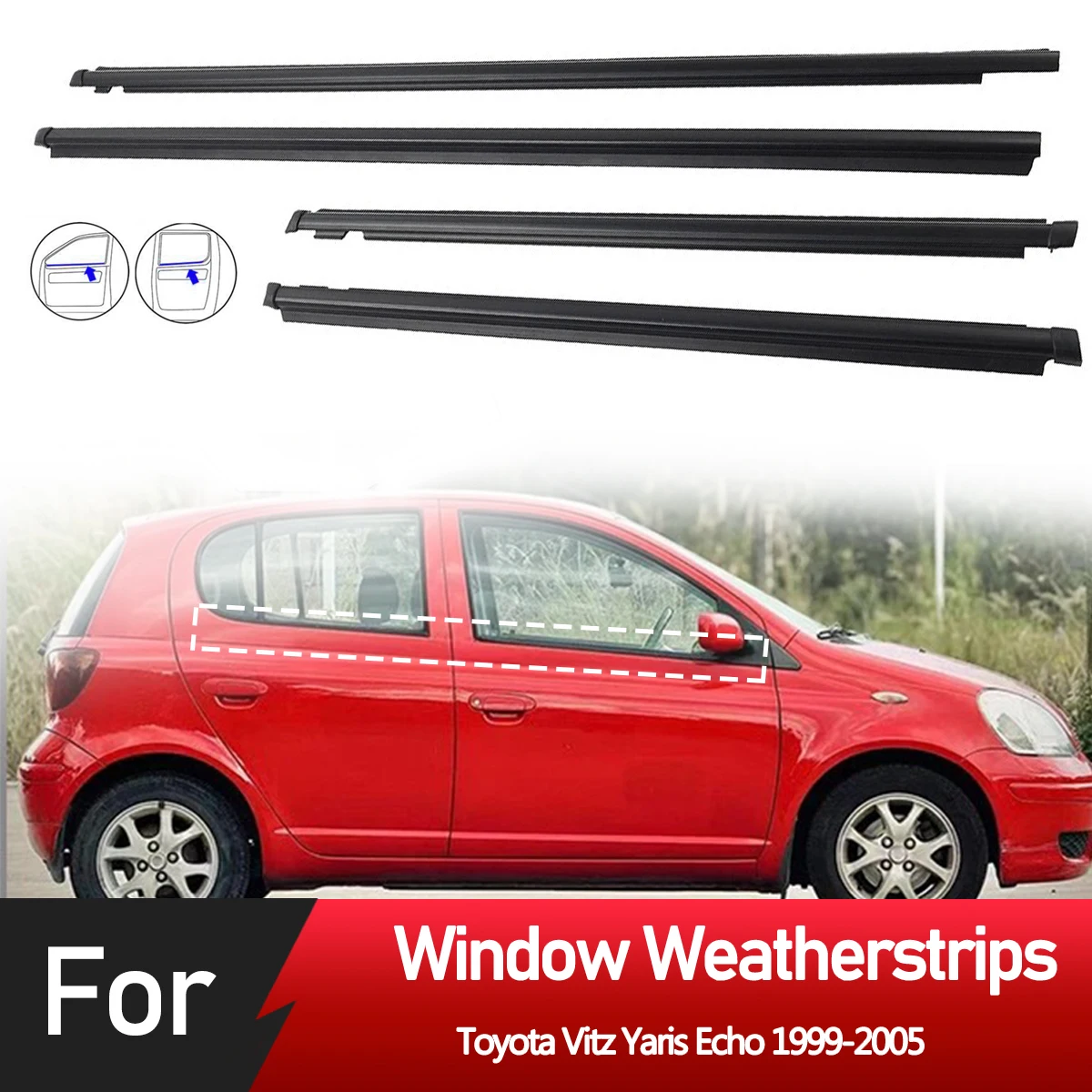 4PCS Auto Finestre Esterne Guarnizione In Gomma Striscia di Tenuta Cintura Modanatura Trim Per Toyota Vitz Yaris Echo 1999-2005