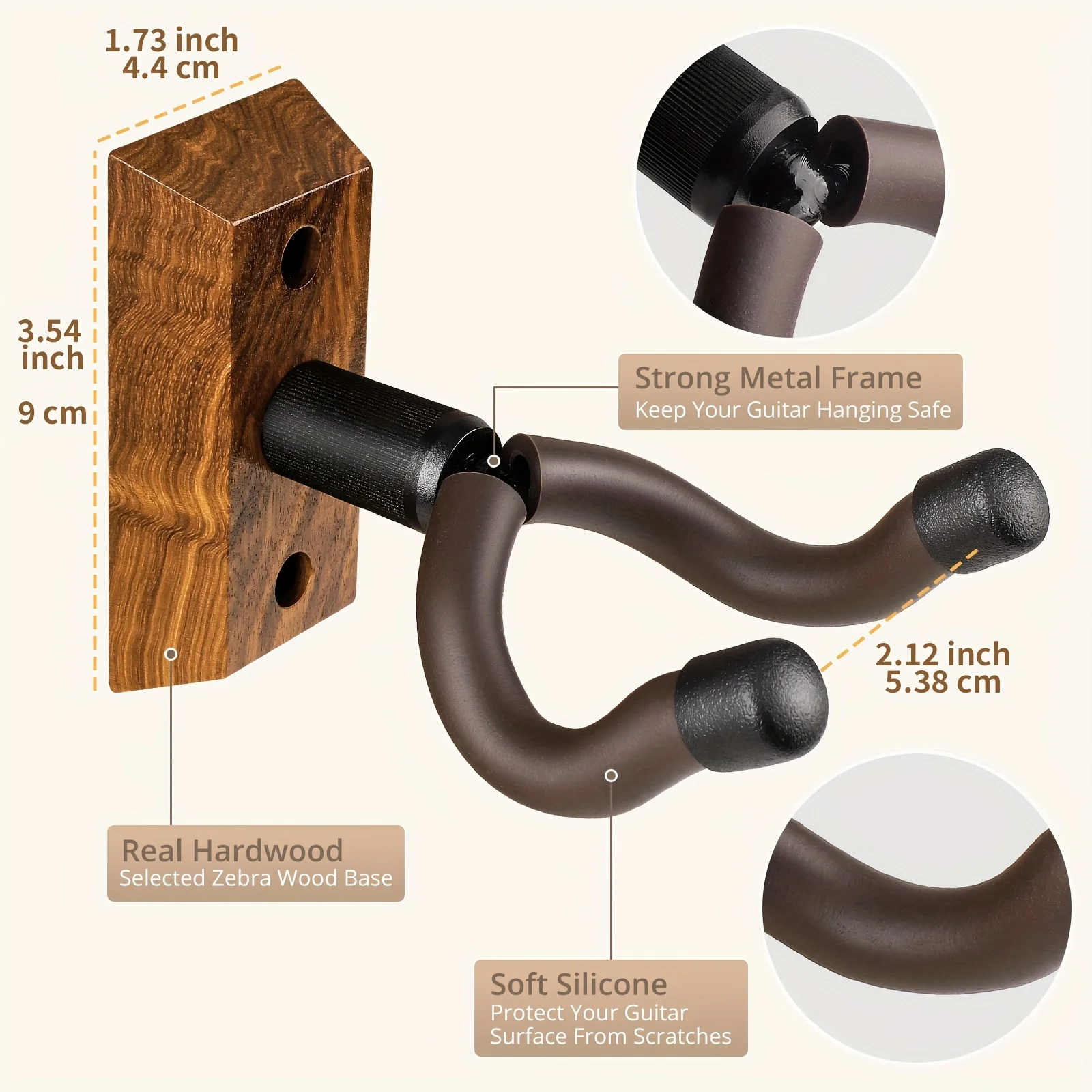 Supporto da parete per chitarra da 1 pezzo, gancio per chitarra con ganci rotanti, adatto per tutte le dimensioni di chitarre, supporto da parete per chitarra in legno di zebra