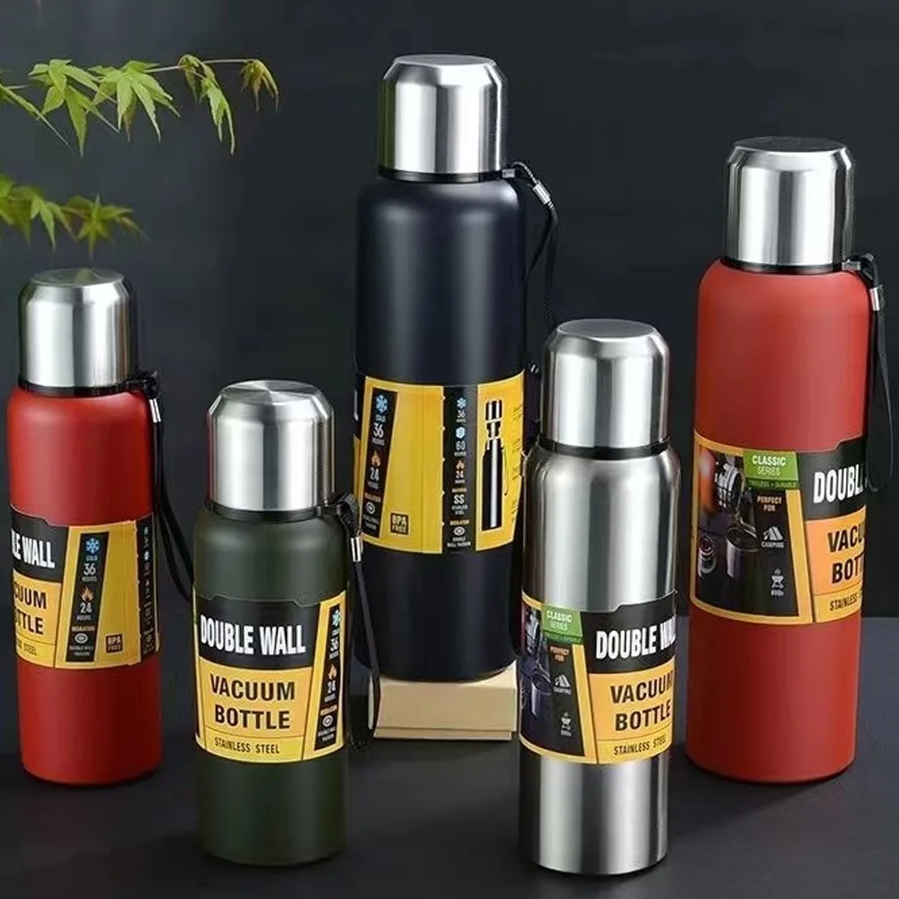 500/700/1000/1500 ml Edelstahl-Thermoskanne, Metall-Trinkgeschirr, tragbare, vakuumisolierte Kaffeeflasche mit Seil und Tasse Image