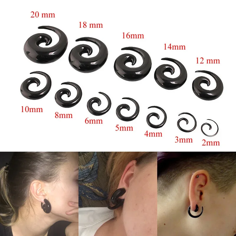 2 Stück cremefarbene schwarze Acryl-Spiral-Ohrmessgeräte, große Ohrkegel, Dehnstopfen, Expander, Piercing-Schmuck, 1,2 mm–24 mm