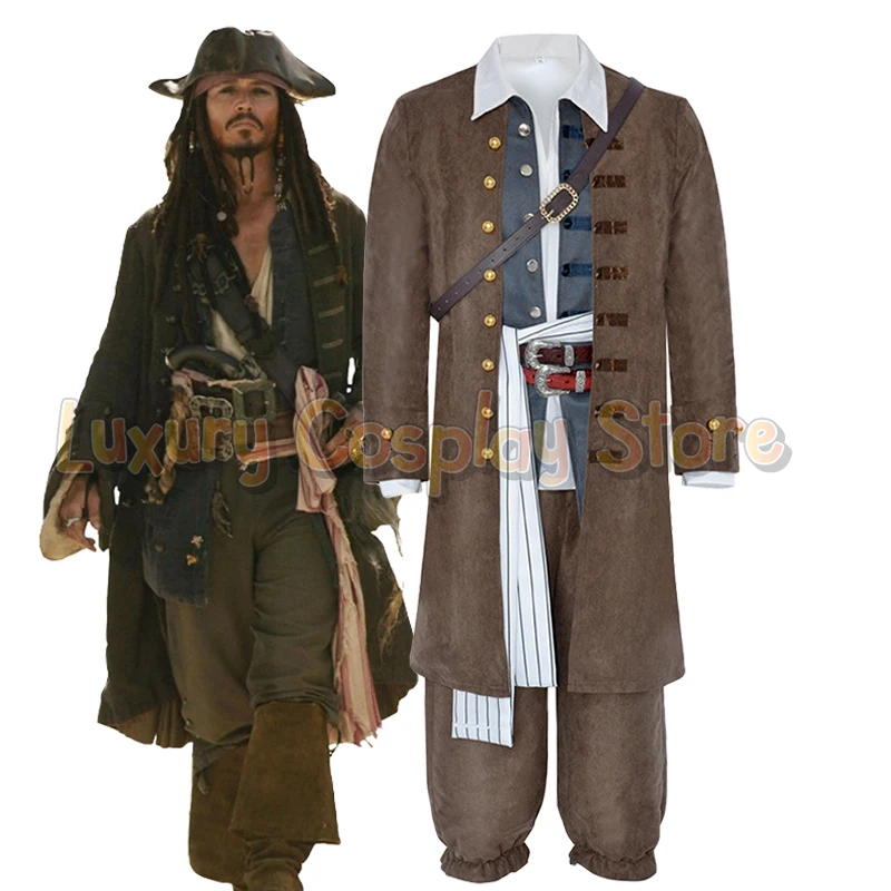 Piraten Kapitän Jack Sparrow Cosplay Kostüm Film Piraten Uniform Braun Lange Jacke Hosen Männer Karibik Halloween Party Dress Up Image