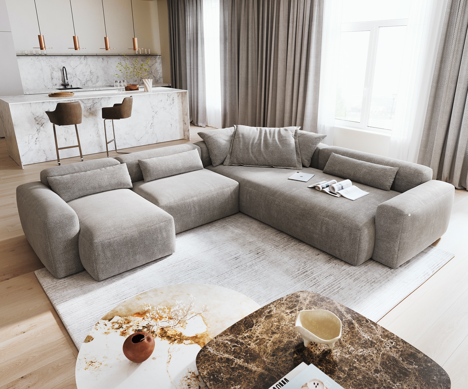 DELIFE Wohnlandschaft Freestyle 360x290 cm Strukturstoff Soft Grau Kappnaht, Sofas Image