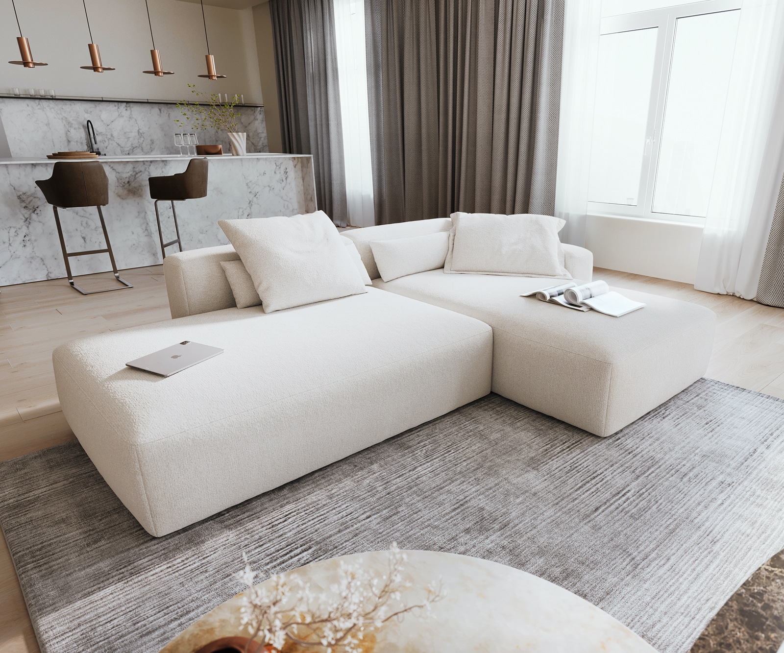 DELIFE Ecksofa Freestyle 310x200 cm Bouclé Soft Beige Kappnaht, Sofas Image