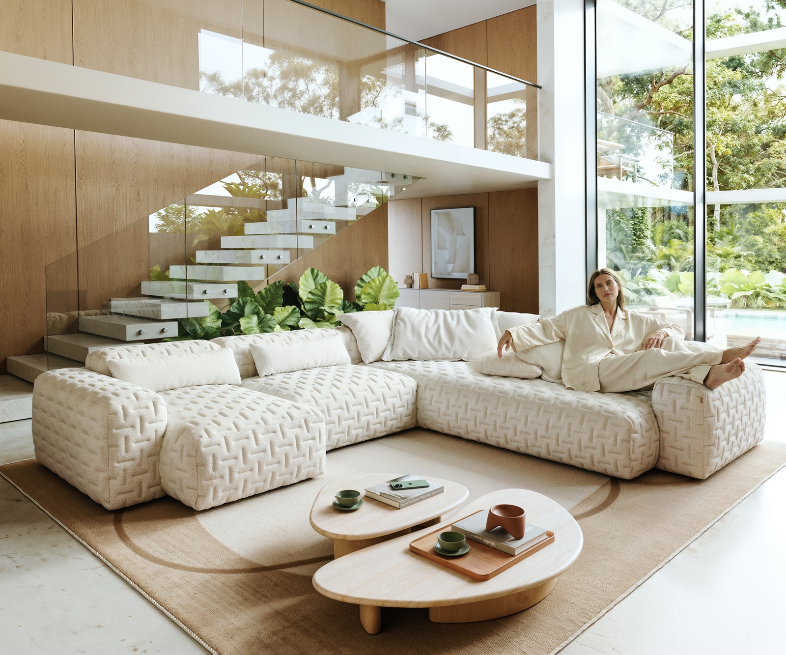 DELIFE Wohnlandschaft Freestyle 360x290 cm Bouclé Soft Beige Gesteppt, Sofas Image