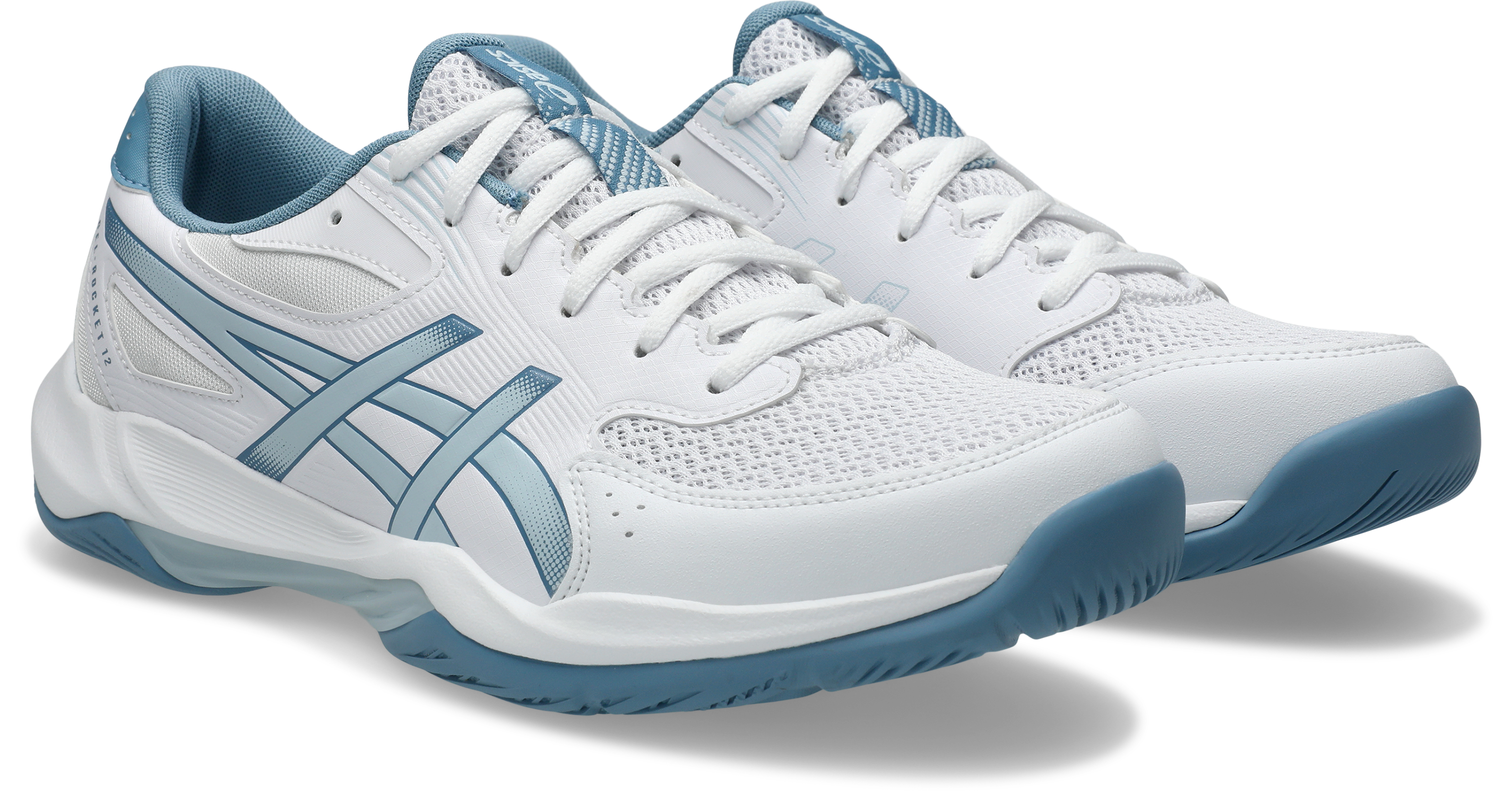 Hallenschuh ASICS "GEL-ROCKET 12", Herren, Gr. 46, weiß, cool grau, Textil, Schuhe Hallenschuh, besonders geeignet für Handball und Volleyball