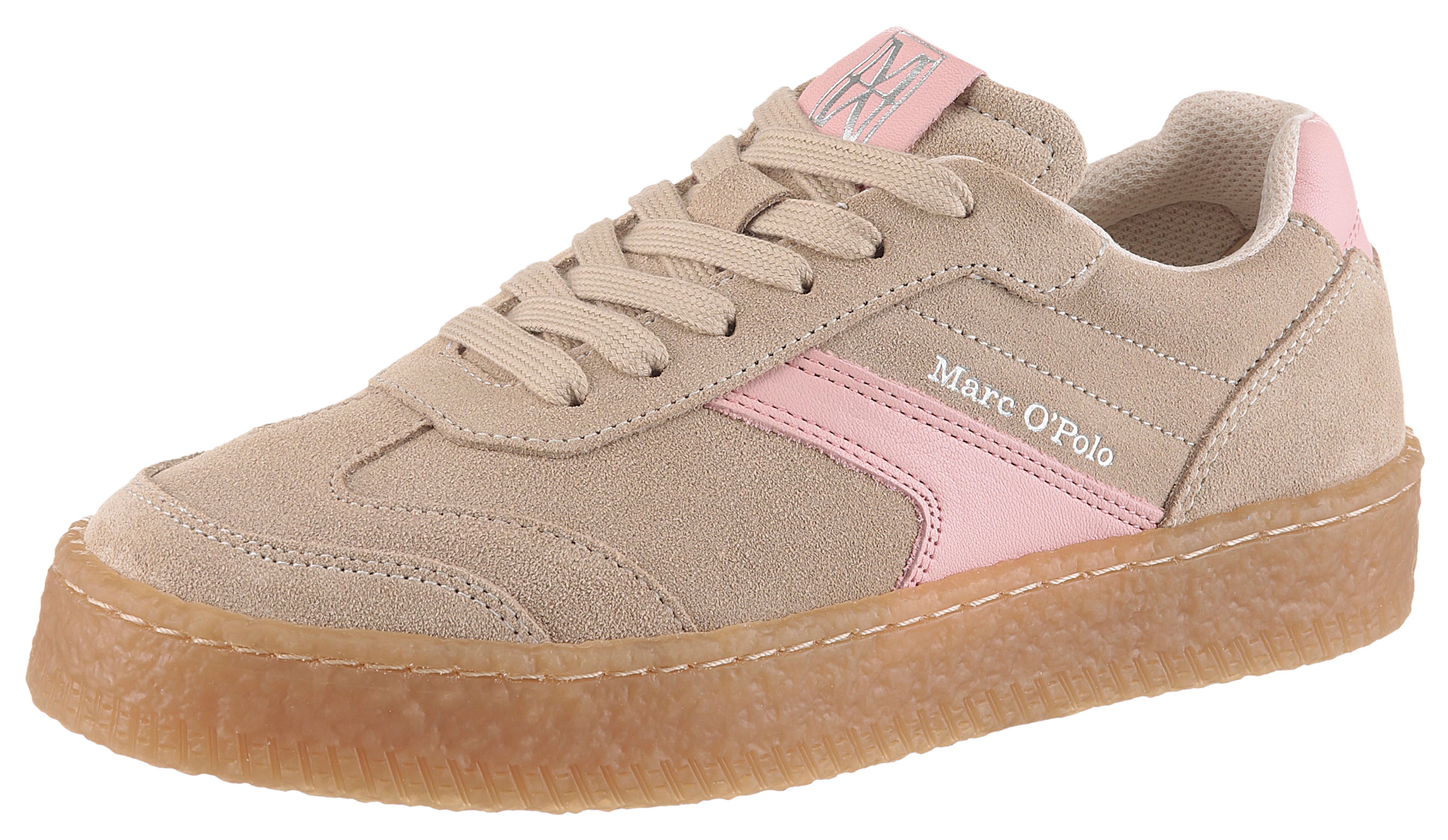 Sneaker MARC O'POLO "Cortney", Damen, Gr. 41, creme, rosé, Glattleder, Veloursleder, unifarben mit Farbeinsatz, Schuhe Sneaker, Freizeitschuh, Halbschuh, Schnürer mit gepolstertem Schaftrand