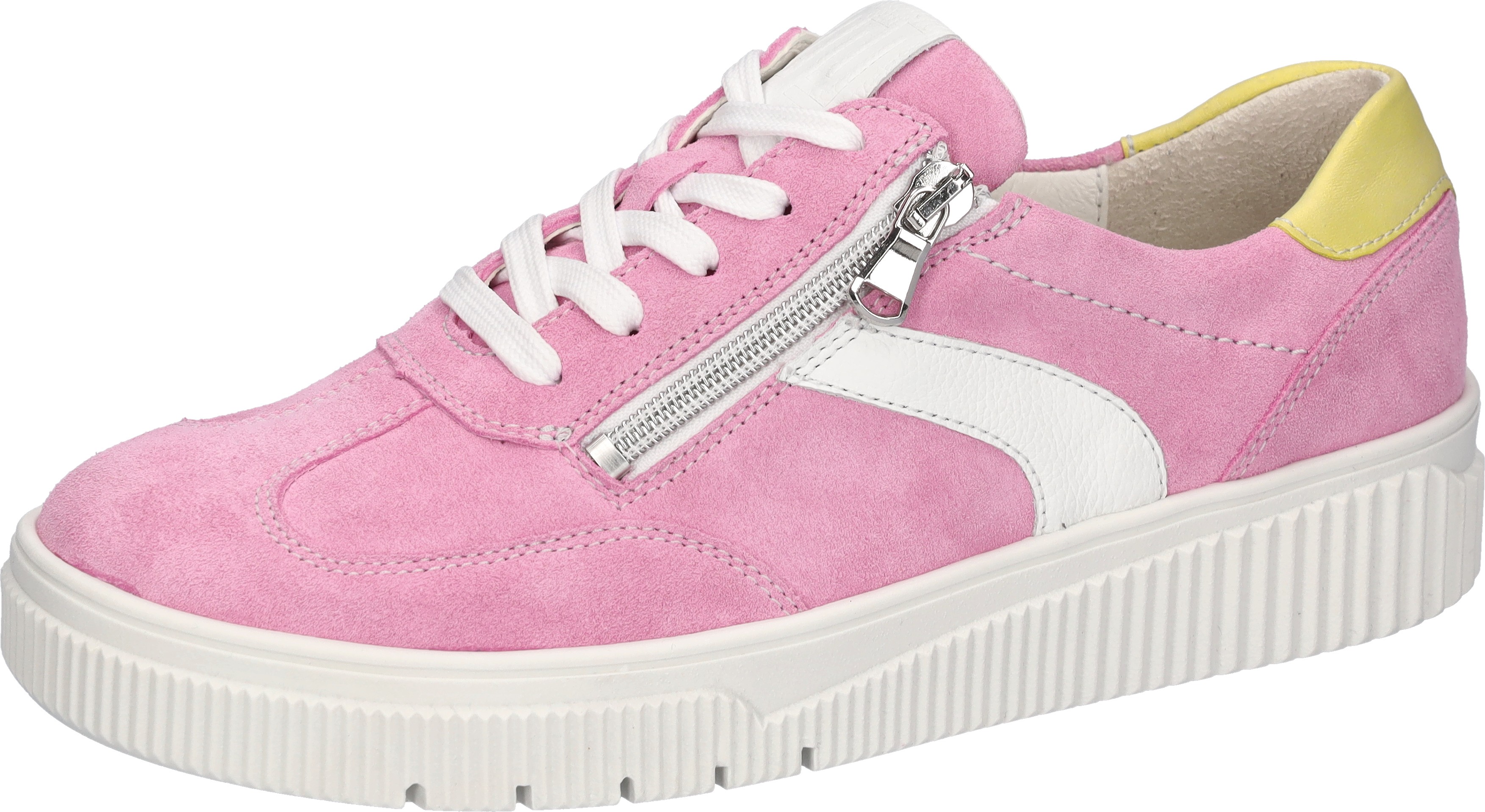 Plateausneaker WALDLÄUFER "K-SANSA", Damen, Gr. 5,5 (38,5), pink, weiß, hellgrün, Nappaleder, Veloursleder, kontrastfarbene Details, Schuhe Plateausneaker, Schnürschuh, Halbschuh, Freizeitsneaker mit Leder-Fußbett, K-Weite