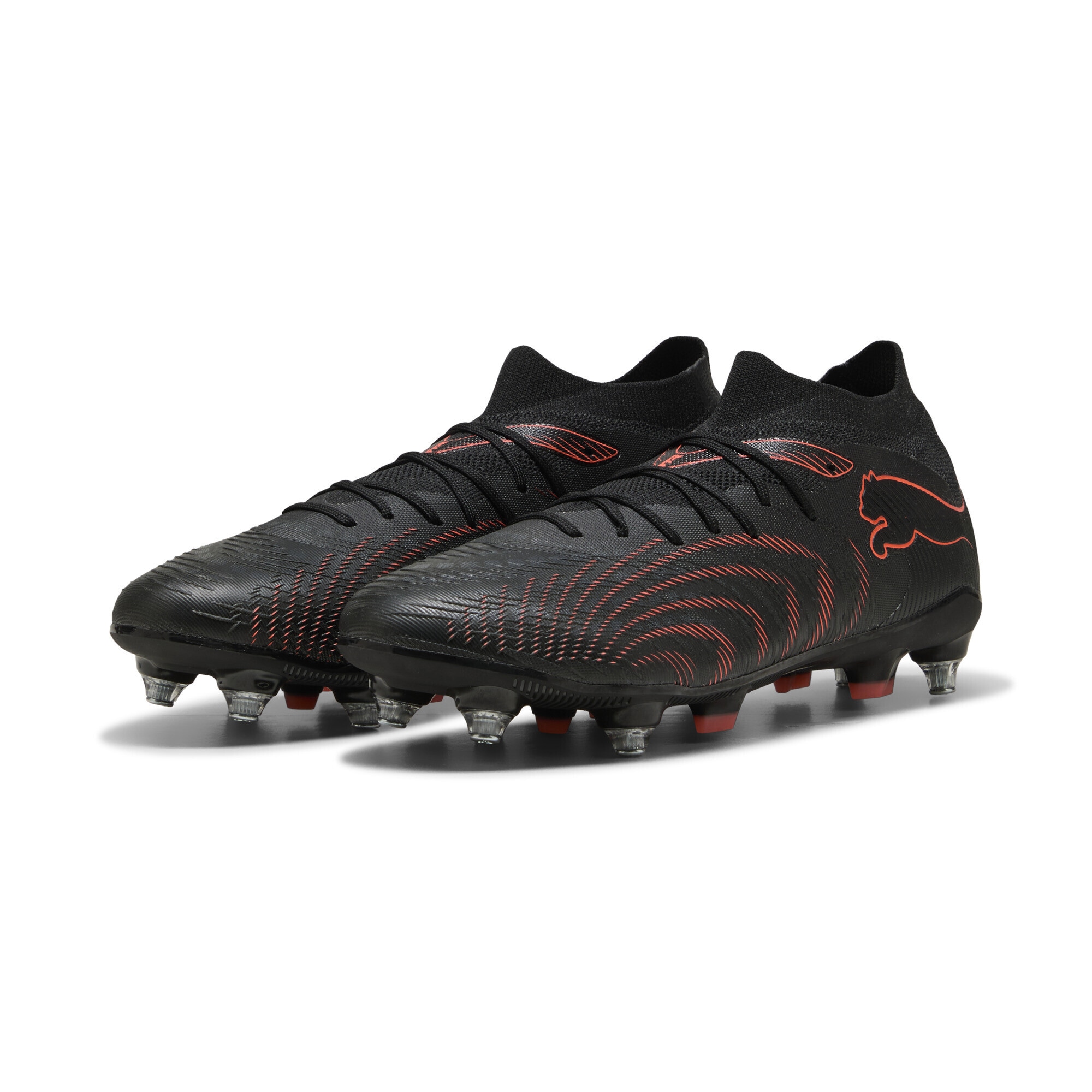 Fußballschuh PUMA "FUTURE 9 MATCH MxSG Fußballschuhe Erwachsene", Gr. 40.5, schwarz glowing rot strong gray, Obermaterial: Textil, Synthetik; Futter: Textil, Synthetik; Innensohle: Textil; Laufsohle: Synthetik, Schuhe Fußballschuh