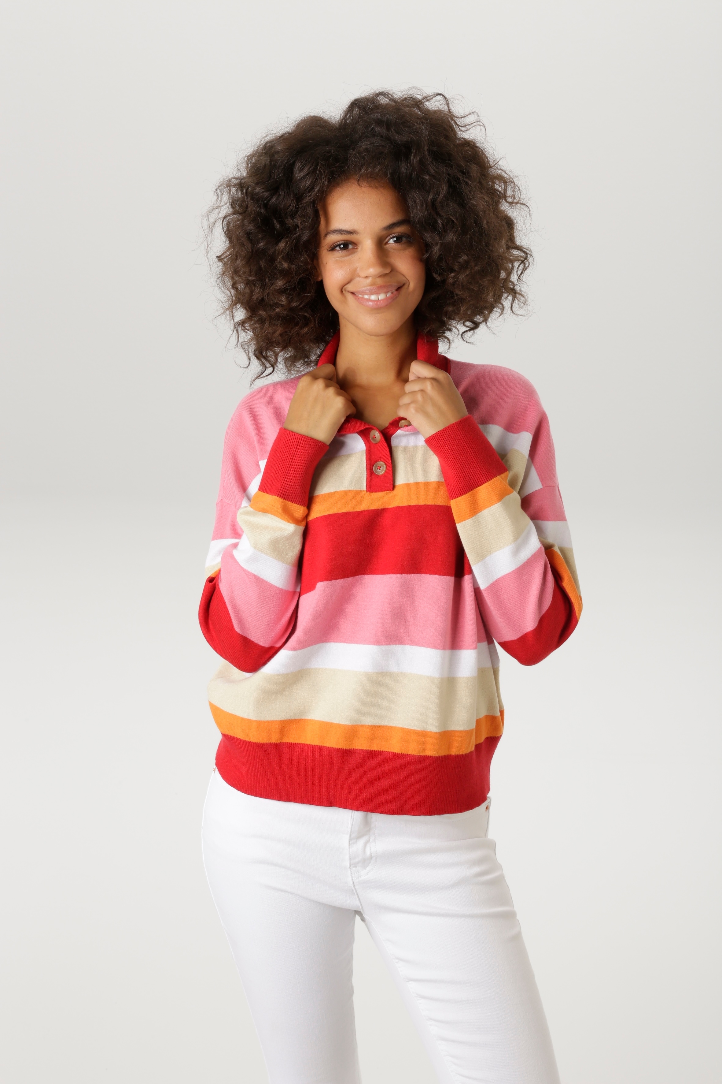 Strickpullover ANISTON CASUAL, Damen, Gr. 36, rot, rosa, weiß, beige, orange, Feinstrick, Obermaterial: 50% Viskose, 28% Polyester, 22% Polyamid, gemustert, geringelt, lässig geschnitten hüftlang, Rippstrickbündchen, Pullover Strickpullover, mit...