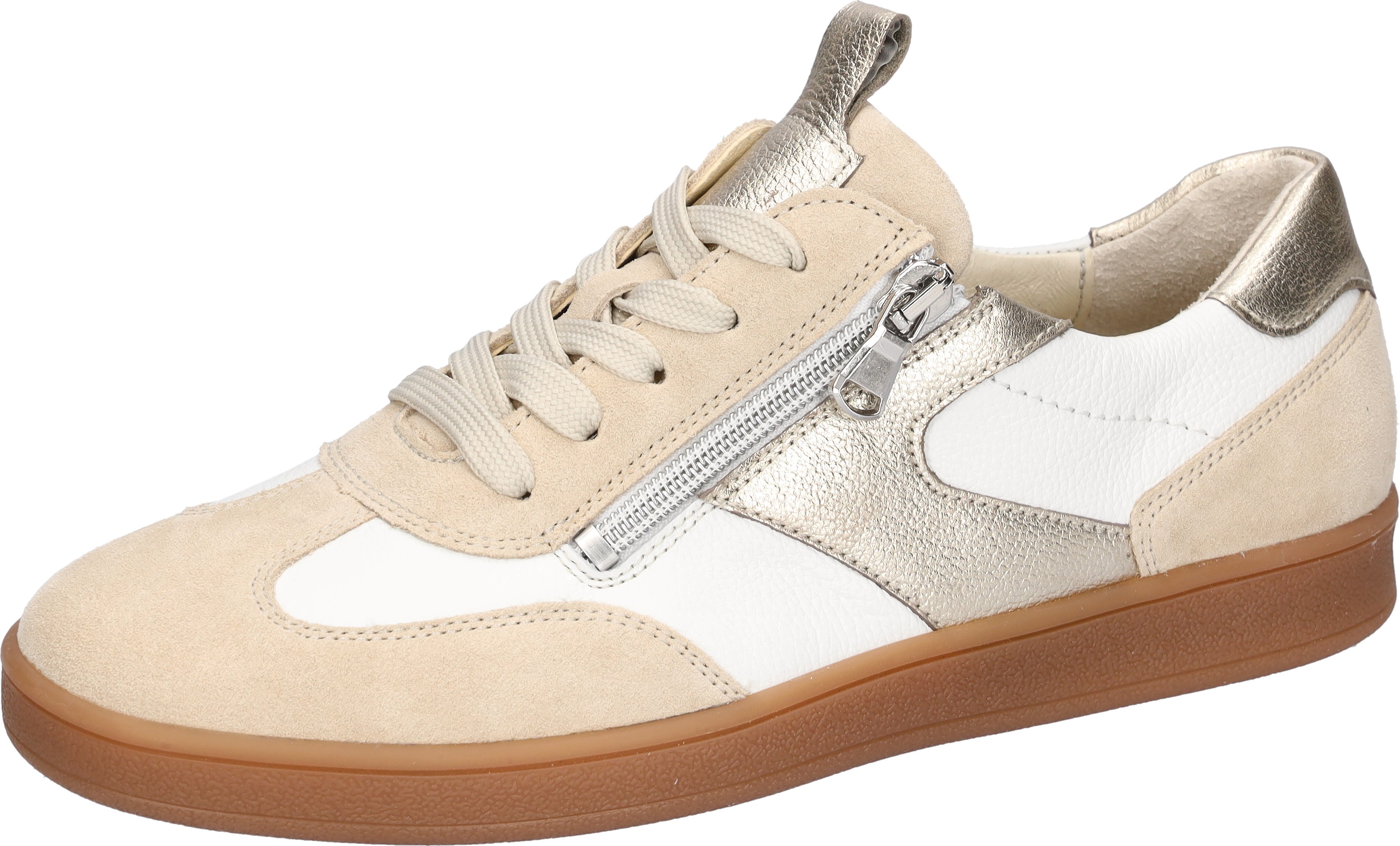Sneaker WALDLÄUFER "H-DAISY", Damen, Gr. 6 (39), hellbeige, weiß, goldfarben, Bast, Baumwolle, Nappaleder, Nubukleder, Veloursleder, mehrfarbig, Schuhe Sneaker, Schnürschuh, Halbschuh, Freizeitsneaker mit Reißverschluss, H-Weite