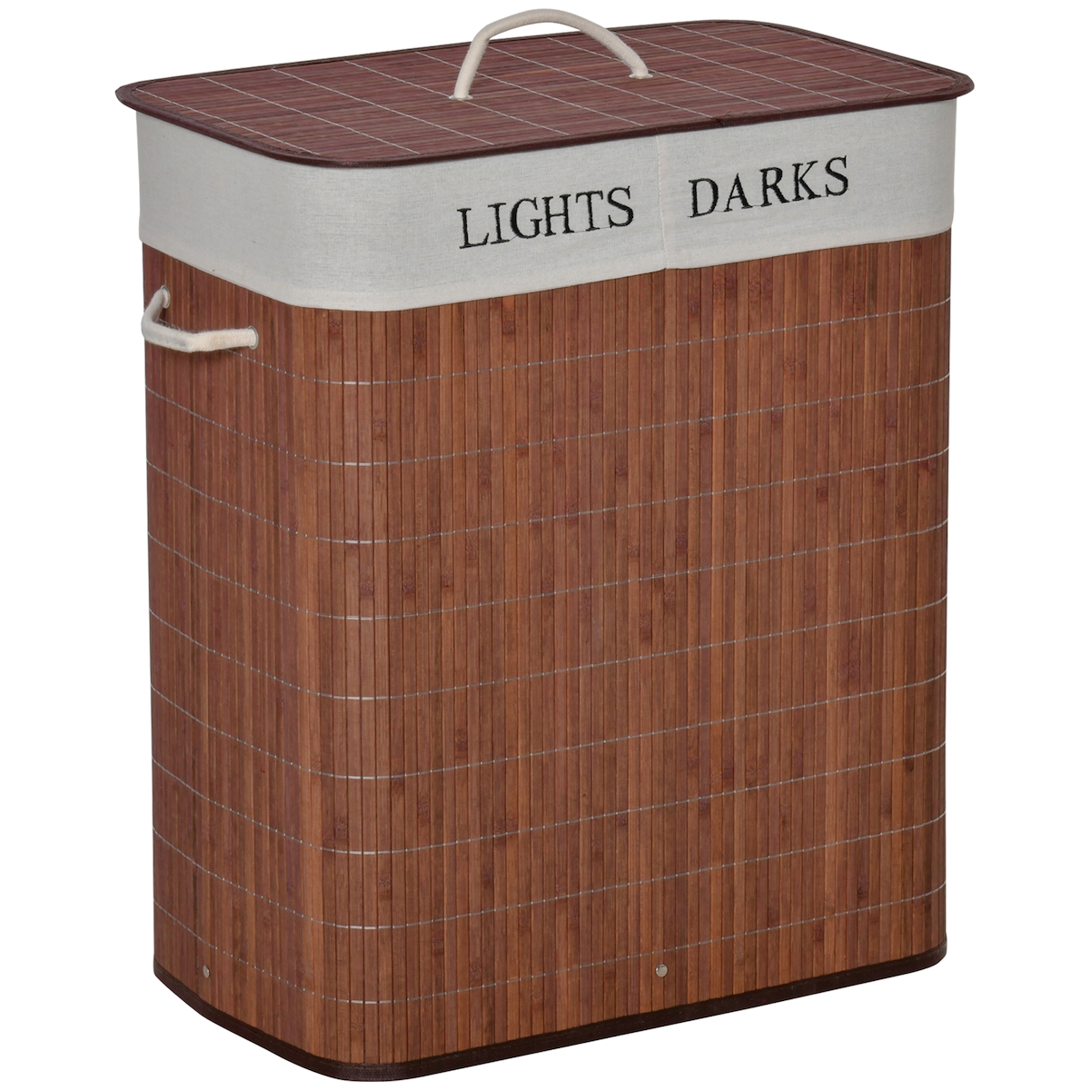 OKWISH Wäschekorb 52x32x63 cm Braun aus Bambus mit Deckel 100 Liter mit 2 Innenfächern herausnehmbarem waschbarem Wäschesack und 3 Griffen Image