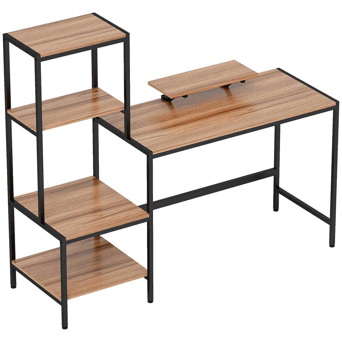 MODFU Schreibtisch 150x48x125 cm Braun mit Monitorerhöhung Regal links oder rechts, große Arbeitsfläche 100x48 cm, stabiler Metallrahmen Image