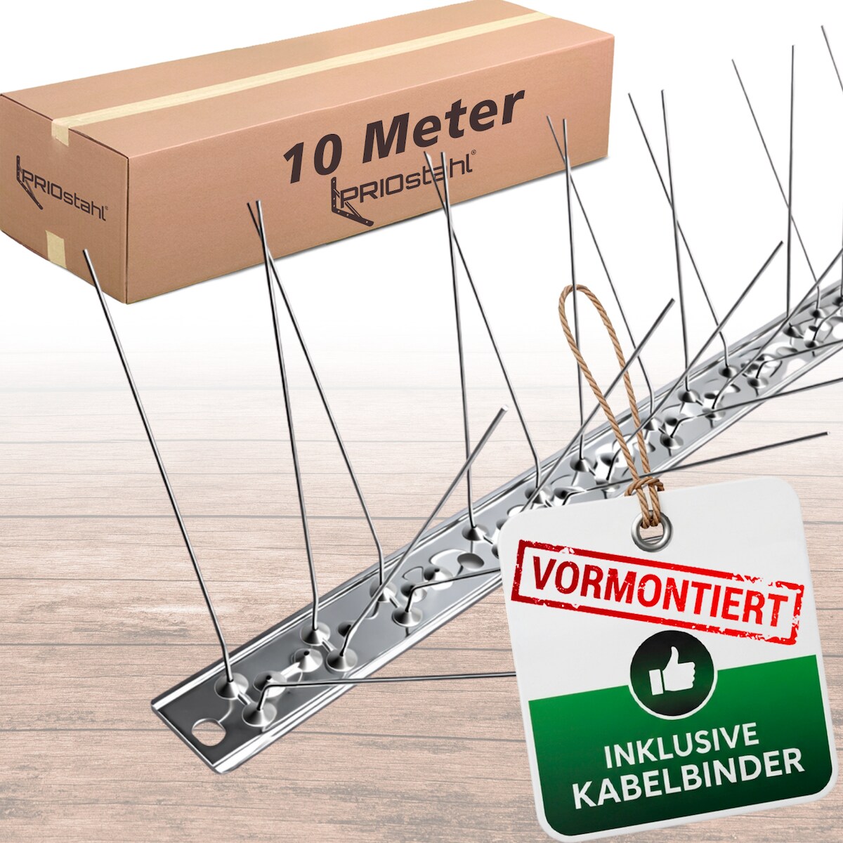 PRIOstahl Taubenabwehr Vogelschutz 4-reihig 10 Meter (10 x 100cm Spikes) + Kabelbinder aus Edelstahl Image